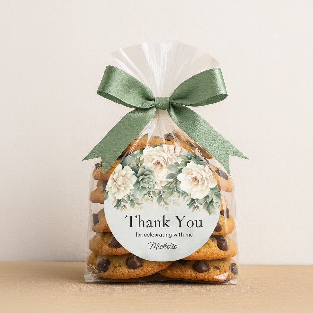 White Sage Green Floral Gold Birthday Thank You Classic Round Sticker (White and sage green floral birthday party "Thank you" sticker)