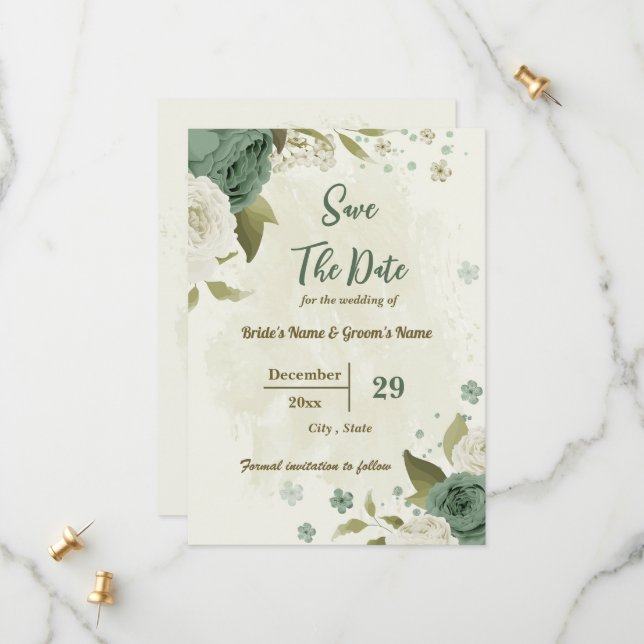 white & sage green flowers botanical wedding save the date (Front/Back In Situ)