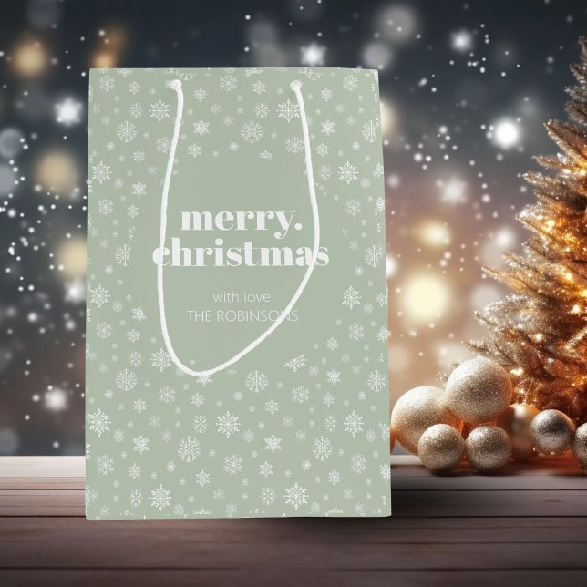 White Sage Green Merry Christmas Snowflake Pattern Medium Gift Bag (Christmas holiday snowflake pattern gift bag)