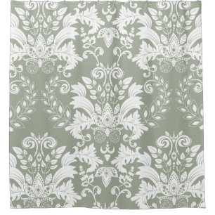 White & Sage Green Ornate Floral Design Shower Curtain
