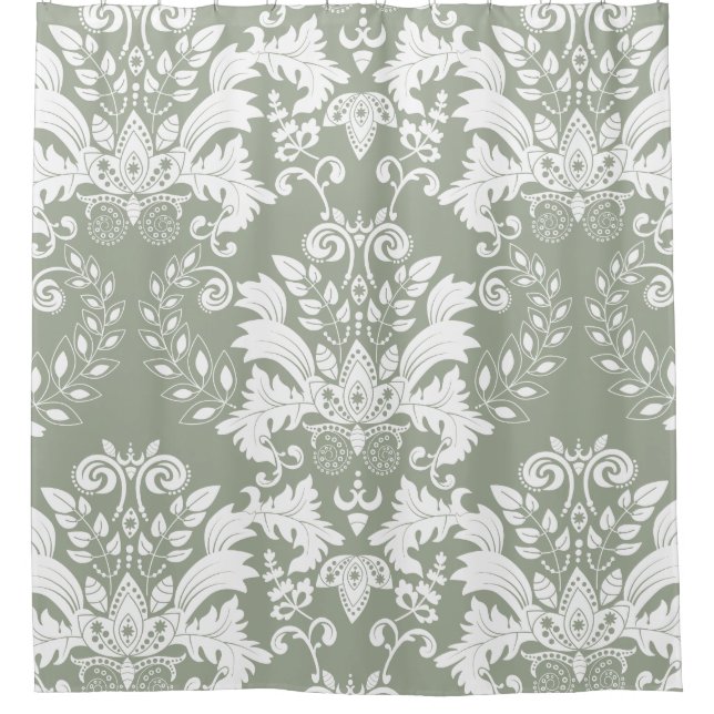 White & Sage Green Ornate Floral Design Shower Curtain (Front)