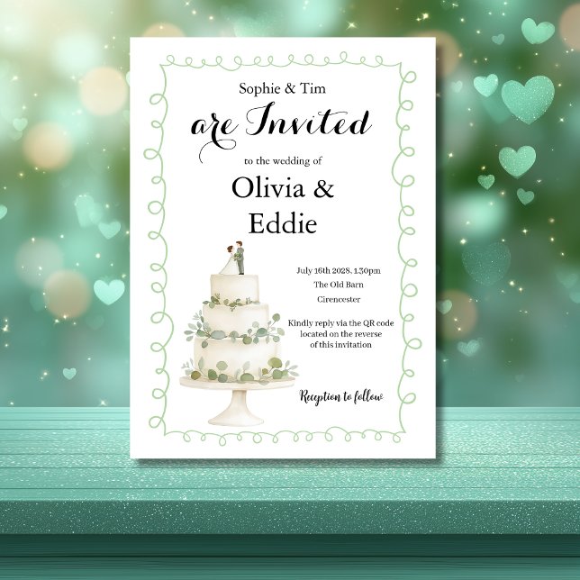 White & Sage Wedding Cake QR Code Invitation (Creator Uploaded)