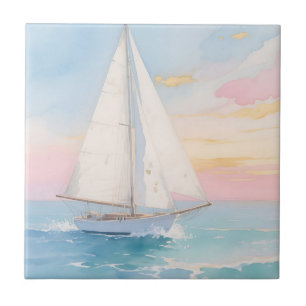White Sailboat Ocean Glow Ceramic Tile