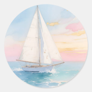 White Sailboat Ocean Glow Classic Round Sticker