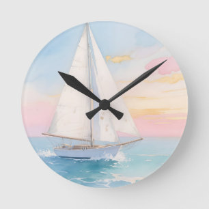 White Sailboat Ocean Glow Round Clock