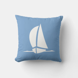 White sailboat on blue   Nautical Stripes on back Cushion