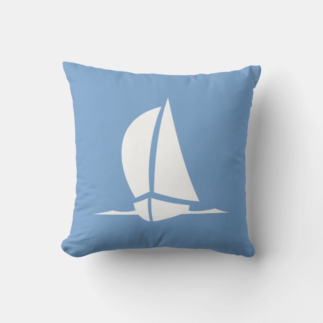 White sailboat on blue | Nautical Stripes on back Cushion (Front)