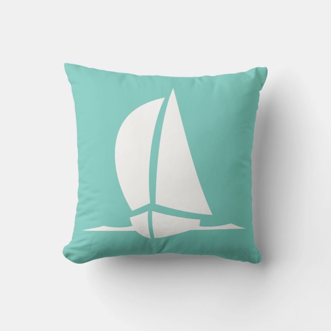 white sailboat  on teal blue pillow (Front)