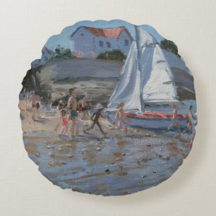 White sailboat Palais sur Mer France Round Cushion