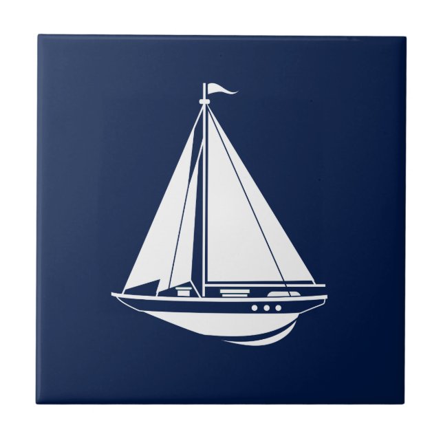White sailing boat on blue sea ceramic tile (Front)