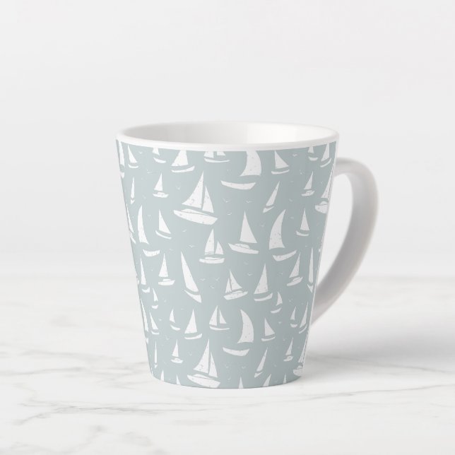 White Sailing Boats and Seabirds on Pale Blue Latte Mug (Right Angle)