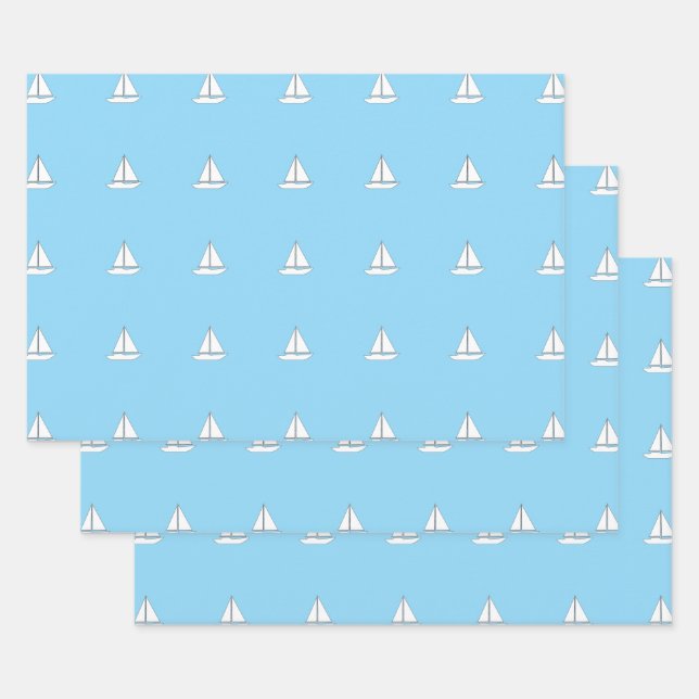 White Sailing Boats on Blue Background Wrapping Paper Sheet (Set)
