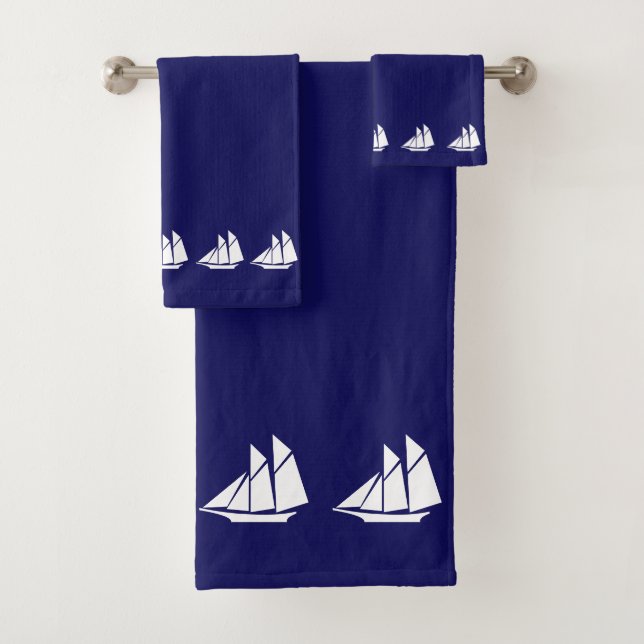 White Sailing Yachts on Navy Blue Bath Towel Set (Insitu)