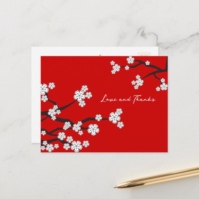 White Sakura Cherry Blossoms Asian Chic Thank You Postcard (Front/Back In Situ)