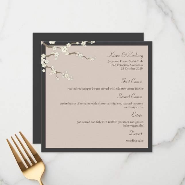 White Sakura Cherry Blossoms Modern Asian Wedding Menu (Front/Back In Situ)