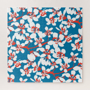 White sakura, classic blue background pattern. jigsaw puzzle