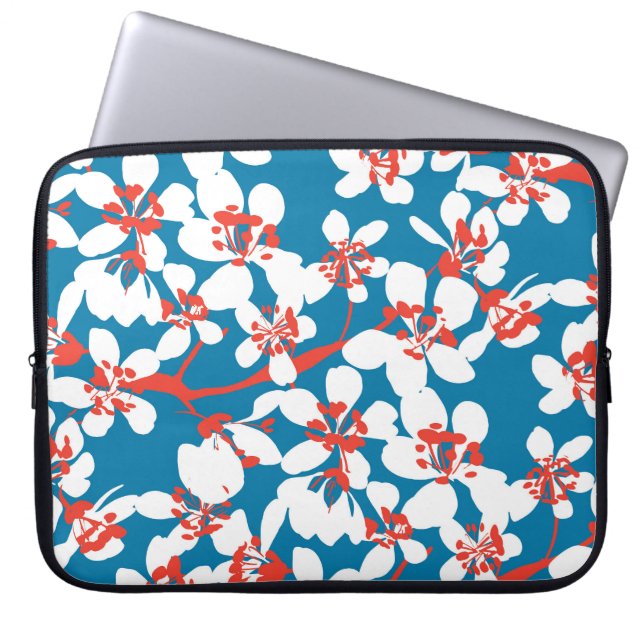White sakura, classic blue background pattern. laptop sleeve (Front)