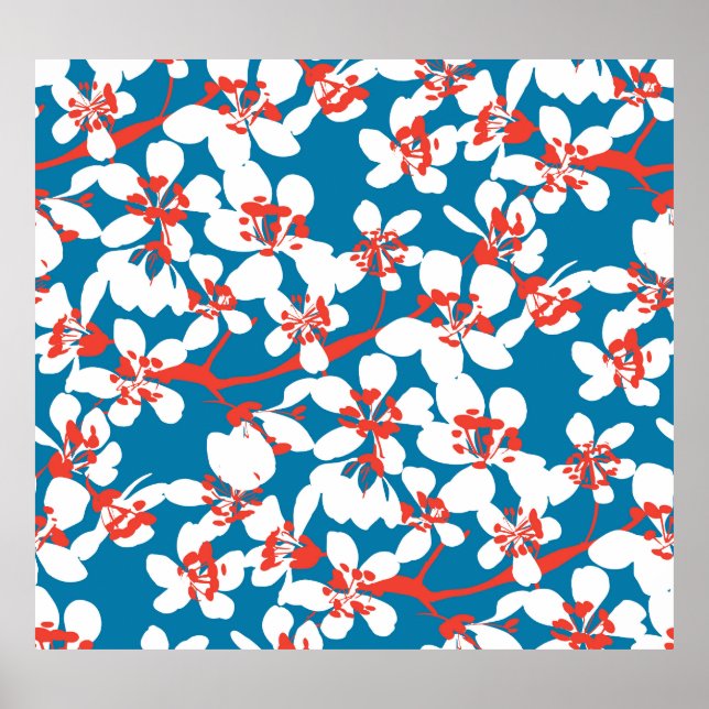 White sakura, classic blue background pattern. poster (Front)