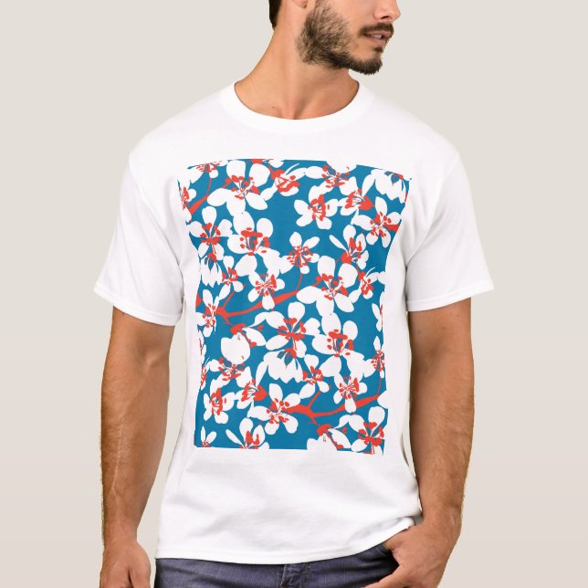 White sakura, classic blue background pattern. T-Shirt (Front)