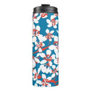 White sakura, classic blue background pattern. thermal tumbler