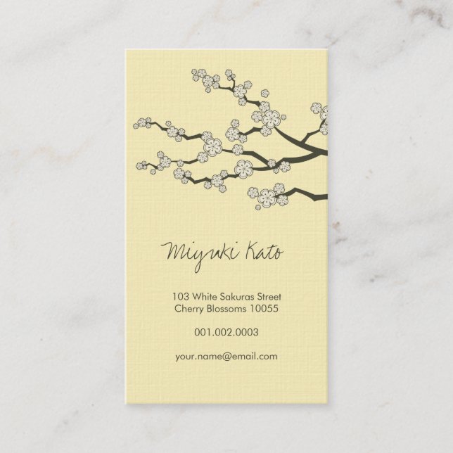 White Sakura Oriental Cherry Blossoms Elegant Chic Business Card (Front)