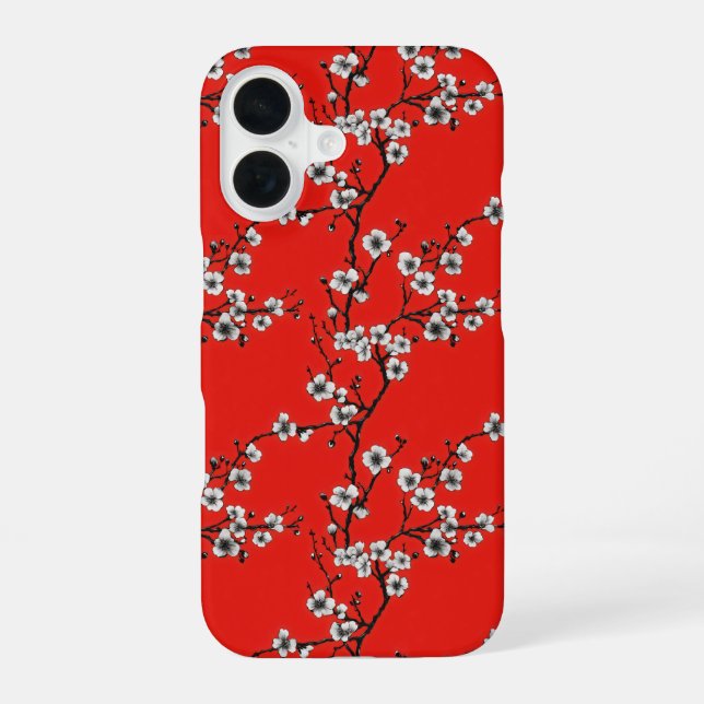White Sakura Red Pattern iPhone 16 Case (Back)