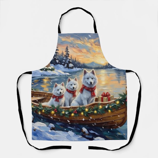 White Samoyed Christmas Boat Holiday Apron (Front)