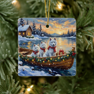 White Samoyed Christmas Boat Holiday Ceramic Ornament