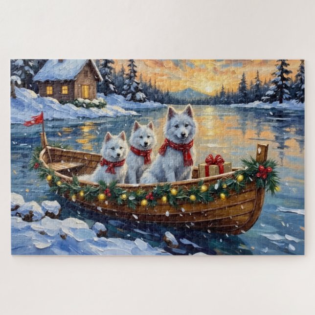 White Samoyed Christmas Boat Holiday Jigsaw Puzzle (Horizontal)