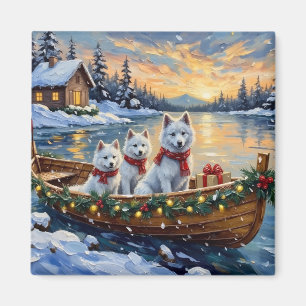 White Samoyed Christmas Boat Holiday Magnet