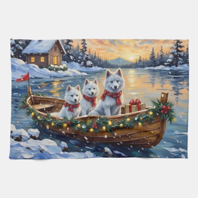 White Samoyed Christmas Boat Holiday Tea Towel (Horizontal)