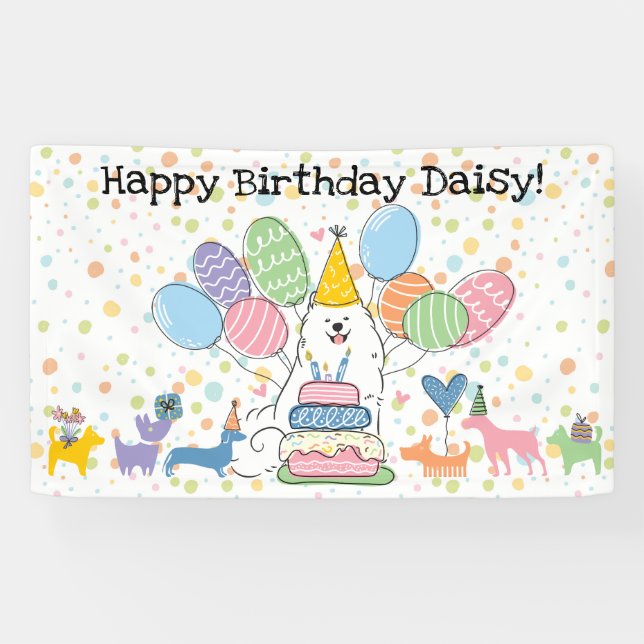 White Samoyed Dog Birthday Party Banner (Horizontal)