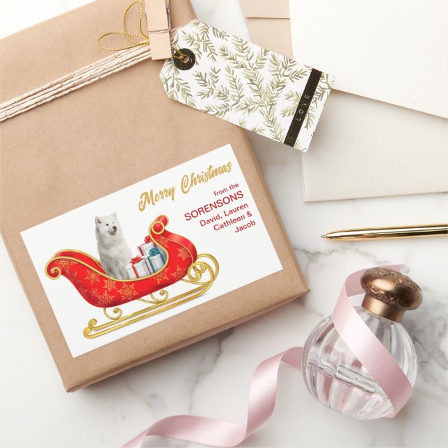 White Samoyed Dog Christmas Sleigh Rectangular Sticker (Gifting)