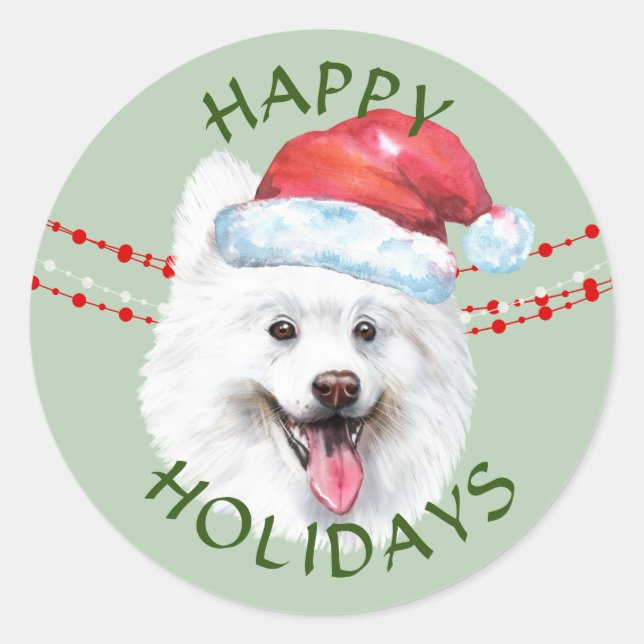 White Samoyed Dog Santa Hat Happy Holidays Classic Round Sticker (Front)