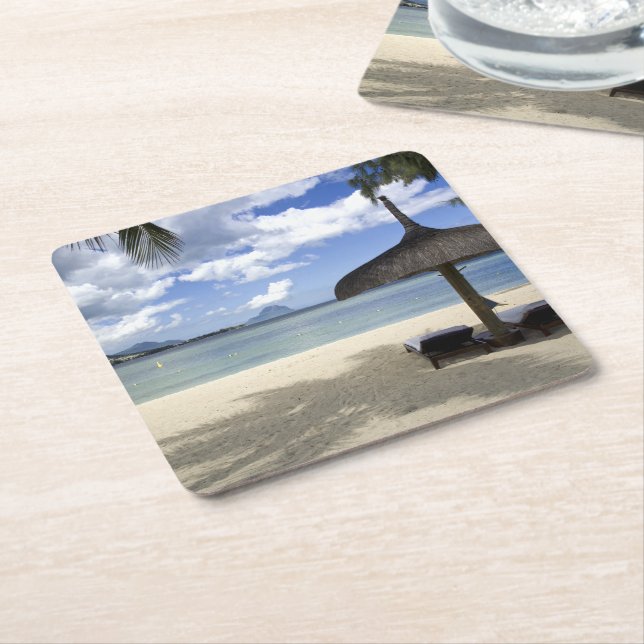 White Sand Beach and Umbrella Square Paper Coaster (Angled)