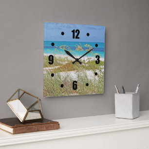 "WHITE SAND BEACH, SEA GRASS, BLUE-GREEN WATER" SQUARE WALL CLOCK