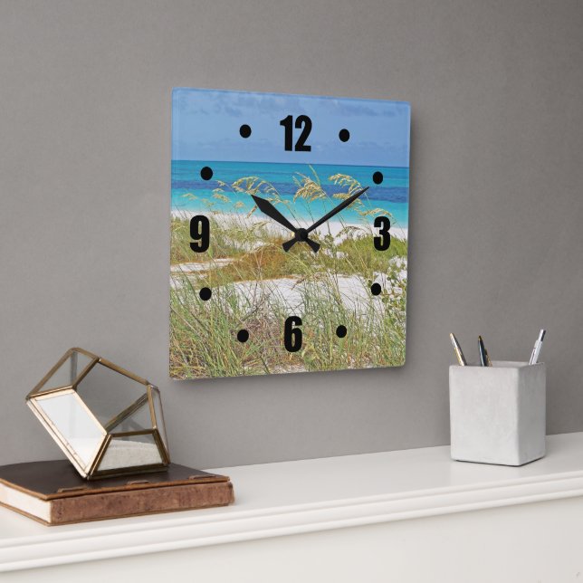 "WHITE SAND BEACH, SEA GRASS, BLUE-GREEN WATER" SQUARE WALL CLOCK (Office)