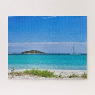 White sand beach turquoise water islet & sailboat jigsaw puzzle