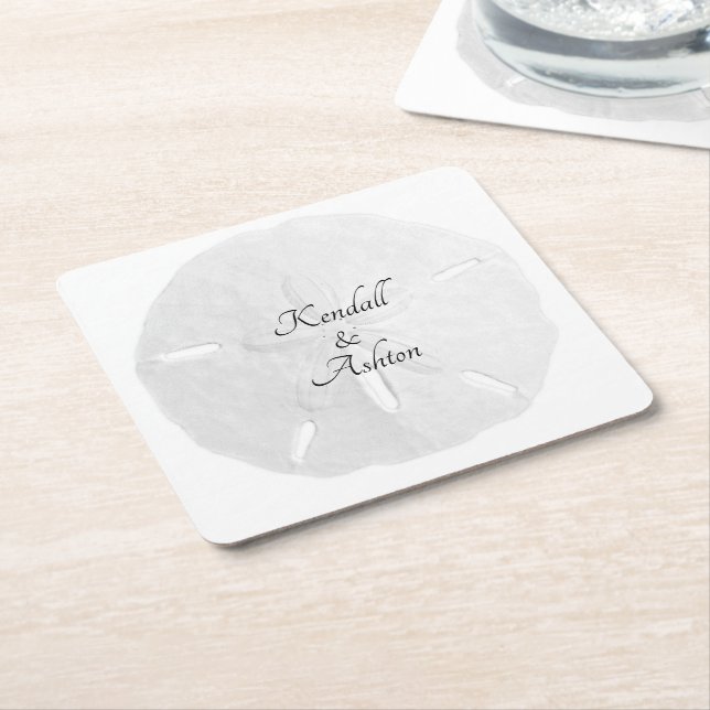 White Sand Dollar Wedding Custom Text Square Paper Coaster (Angled)