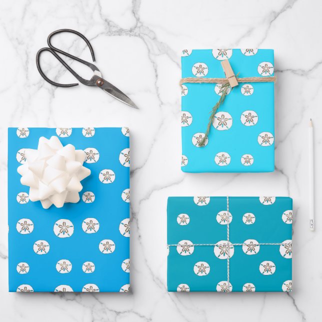 White Sand Dollars Blue Wrapping Paper Sheet (Front)
