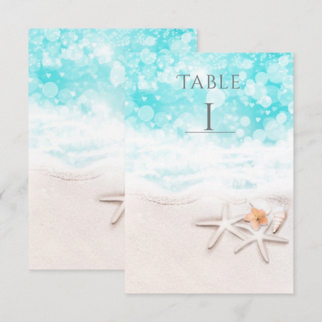 White Sandy Beach Starfish Blue Ocean Table Number (Front/Back)