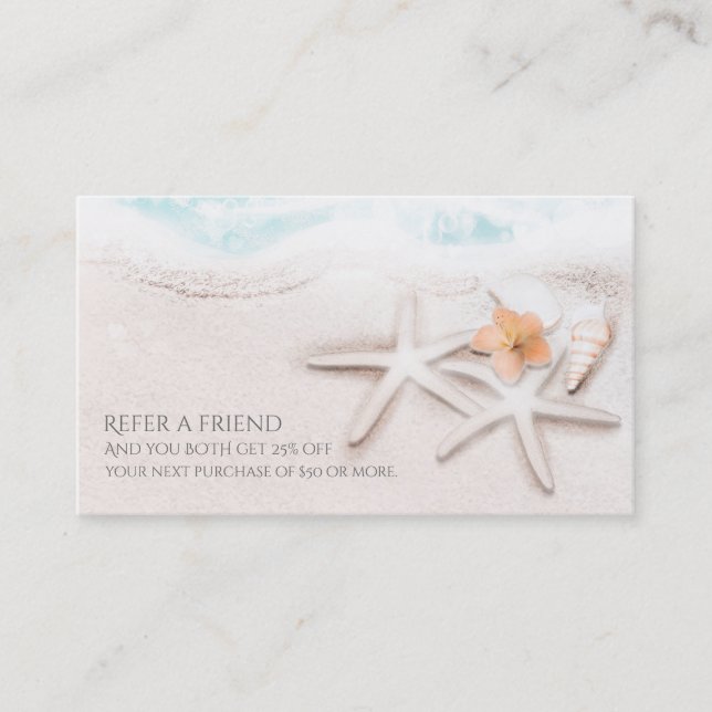 White Sandy Beach Starfish Blue Refer a Friend Referral Card (Front)