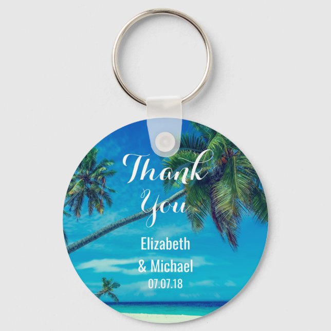 White Sandy Beach with Coconut Palms Wedding Key Ring (Front)