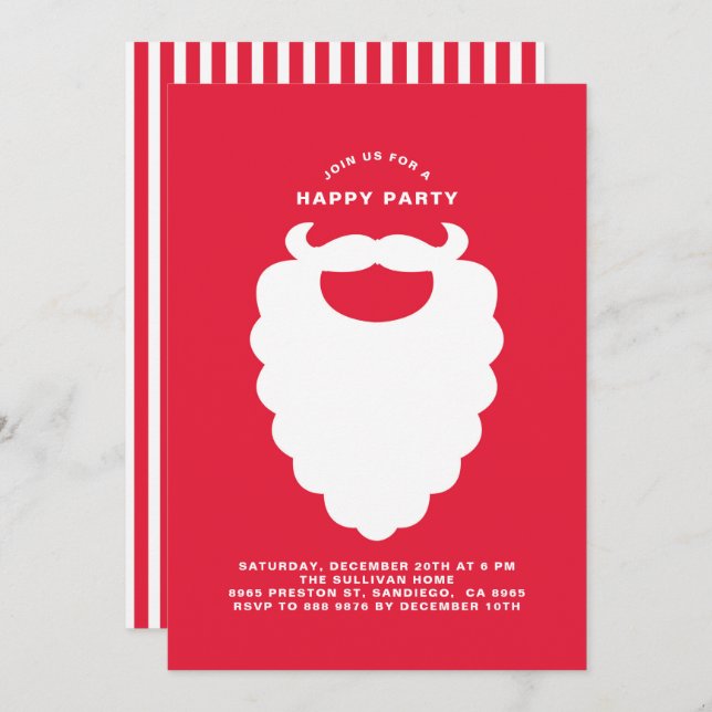 White Santa Beard Modern Holiday Party Invitation (Front/Back)