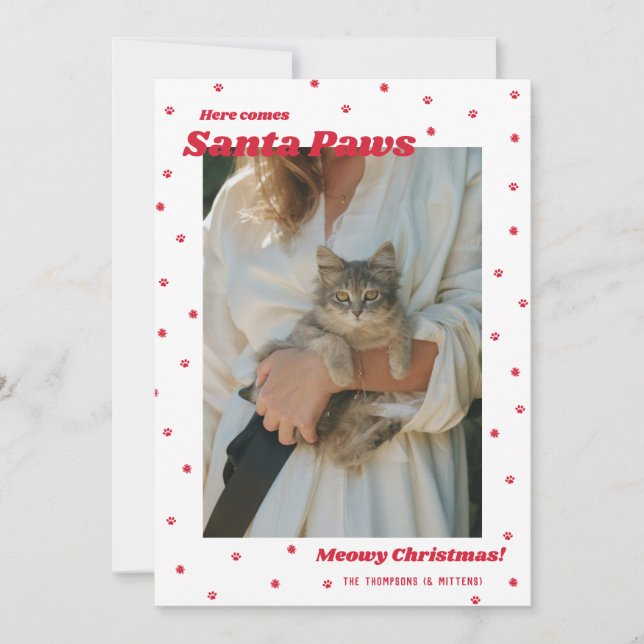 White Santa Paws Meowy Christmas Cat Photo Card (Front)