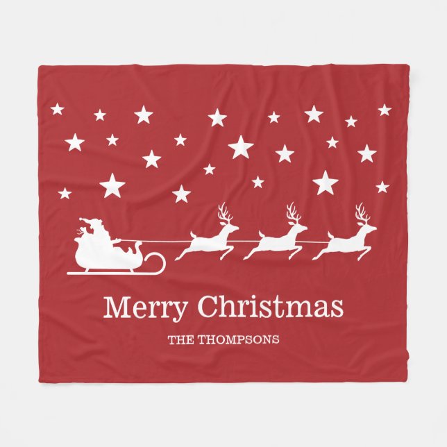 White Santa Sleigh And Merry Christmas Text On Red Fleece Blanket (Front (Horizontal))