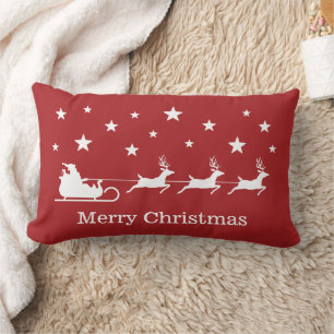 White Santa Sleigh And Merry Christmas Text On Red Lumbar Cushion