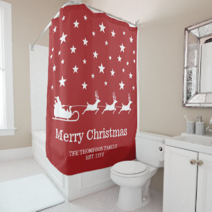 White Santa Sleigh And Merry Christmas Text On Red Shower Curtain