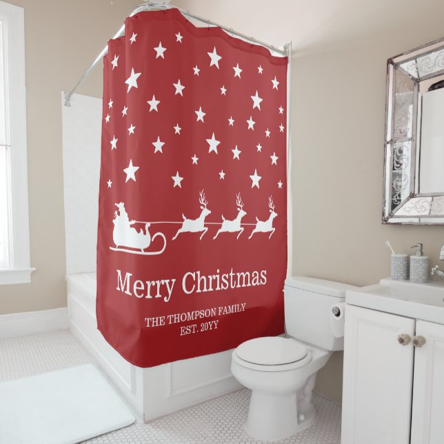 White Santa Sleigh And Merry Christmas Text On Red Shower Curtain (In Situ)