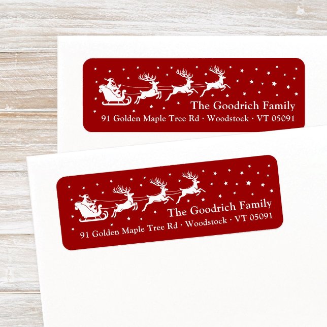 White Santa's Sleigh Christmas Return Address Label (Festive, deep burgundy red Santa's reindeer sleigh in a starry sky Christmas return address label.)